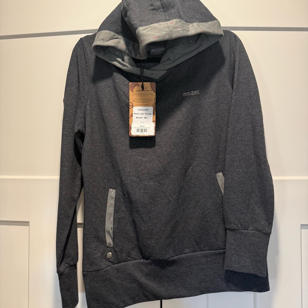 Mazine Gray Hoodie with Button Detail Evaline Black Mel. NEW Large